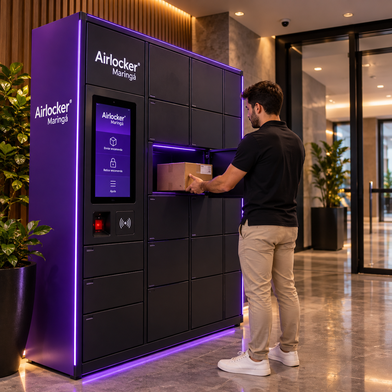 Pessoa retirando uma encomenda de um armário inteligente Airlocker em Maringá