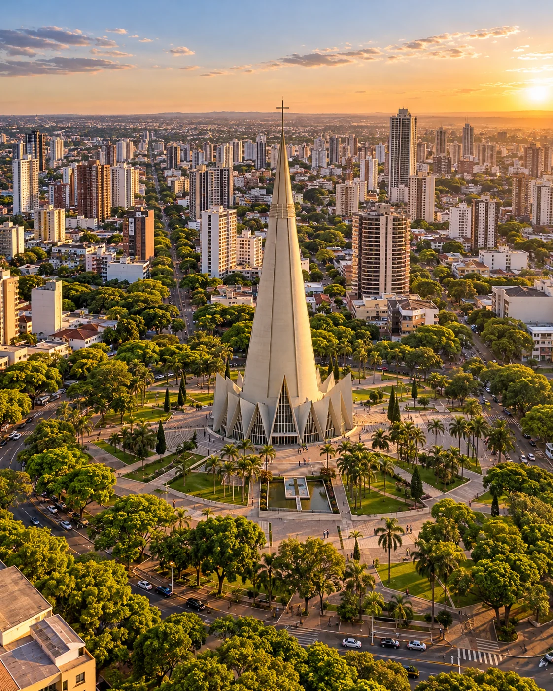 Vista aérea ilustrativa da Catedral de Maringá e da cidade ao redor